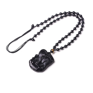 Lucky Trunk Up Natural Black Obsidian Elephant Pendant